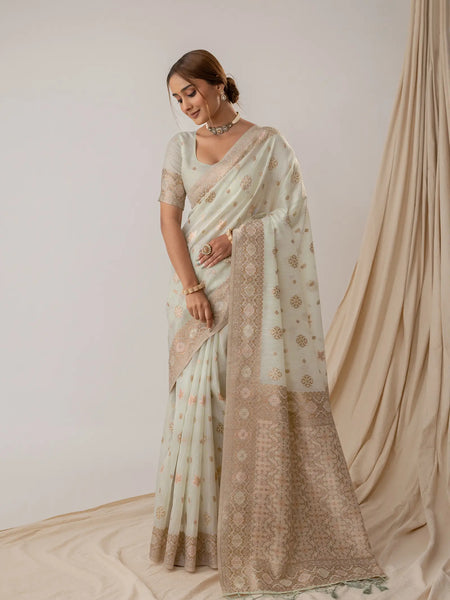 Patola Linen Cream Red Saree